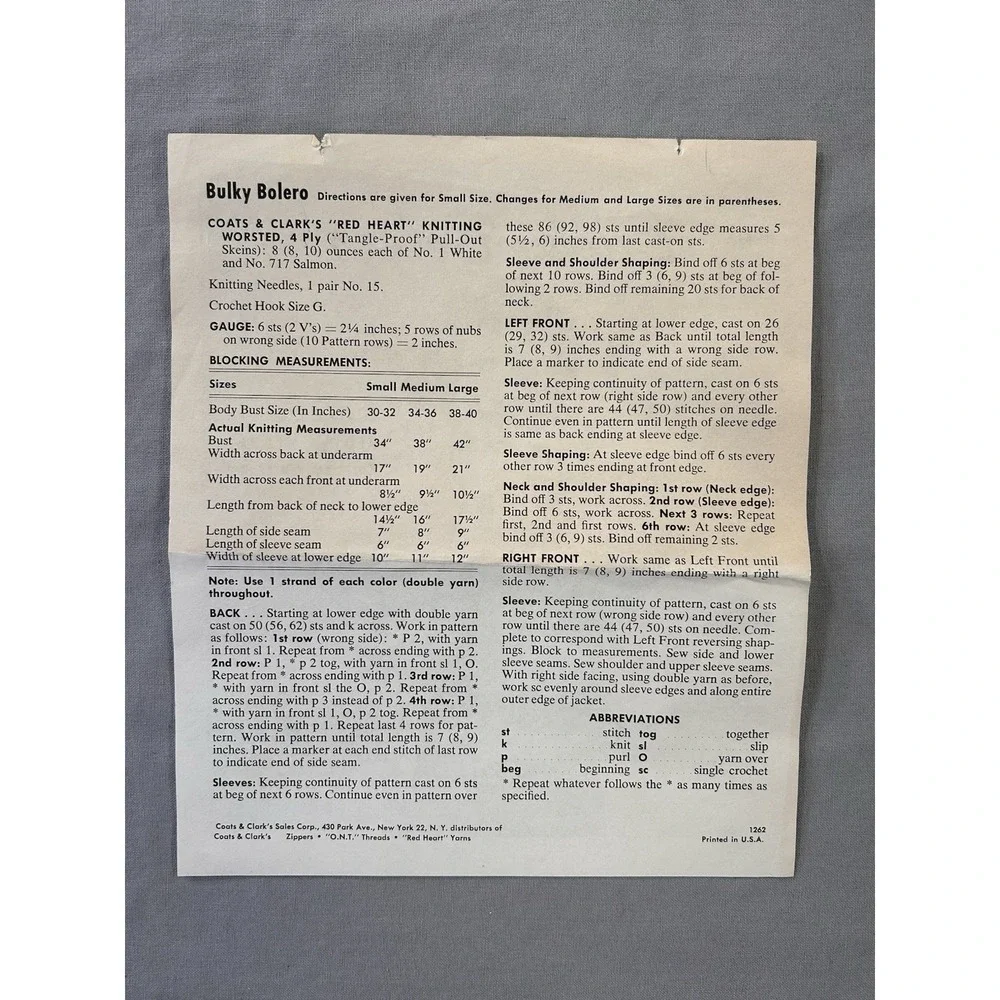 Vintage Coats &‎ Clark Bulky Bolero Crochet Leaflet Pattern Crafting Knitting